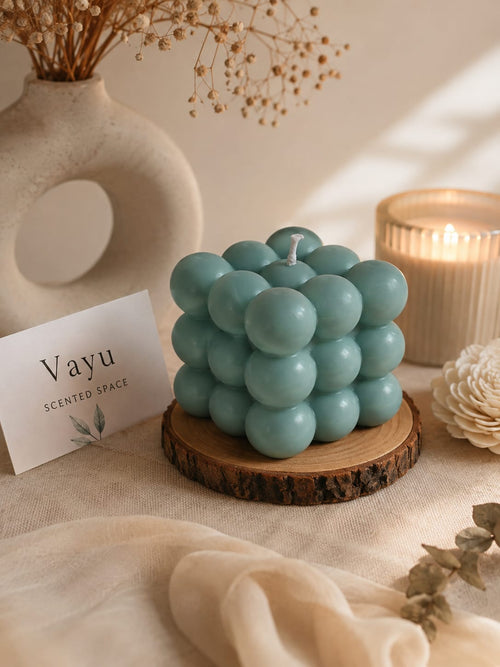 Bubble Blue candle, blue bubbled wax in clear glass