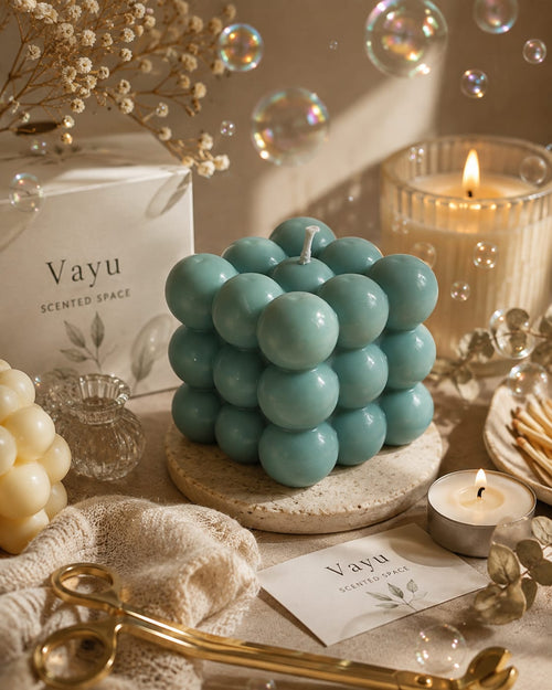 Bubble Blue candle, blue bubbled wax in clear glass