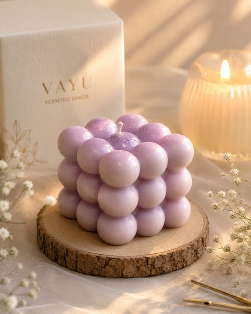 Bubble Purple candle, violet bubbled wax in clear glass