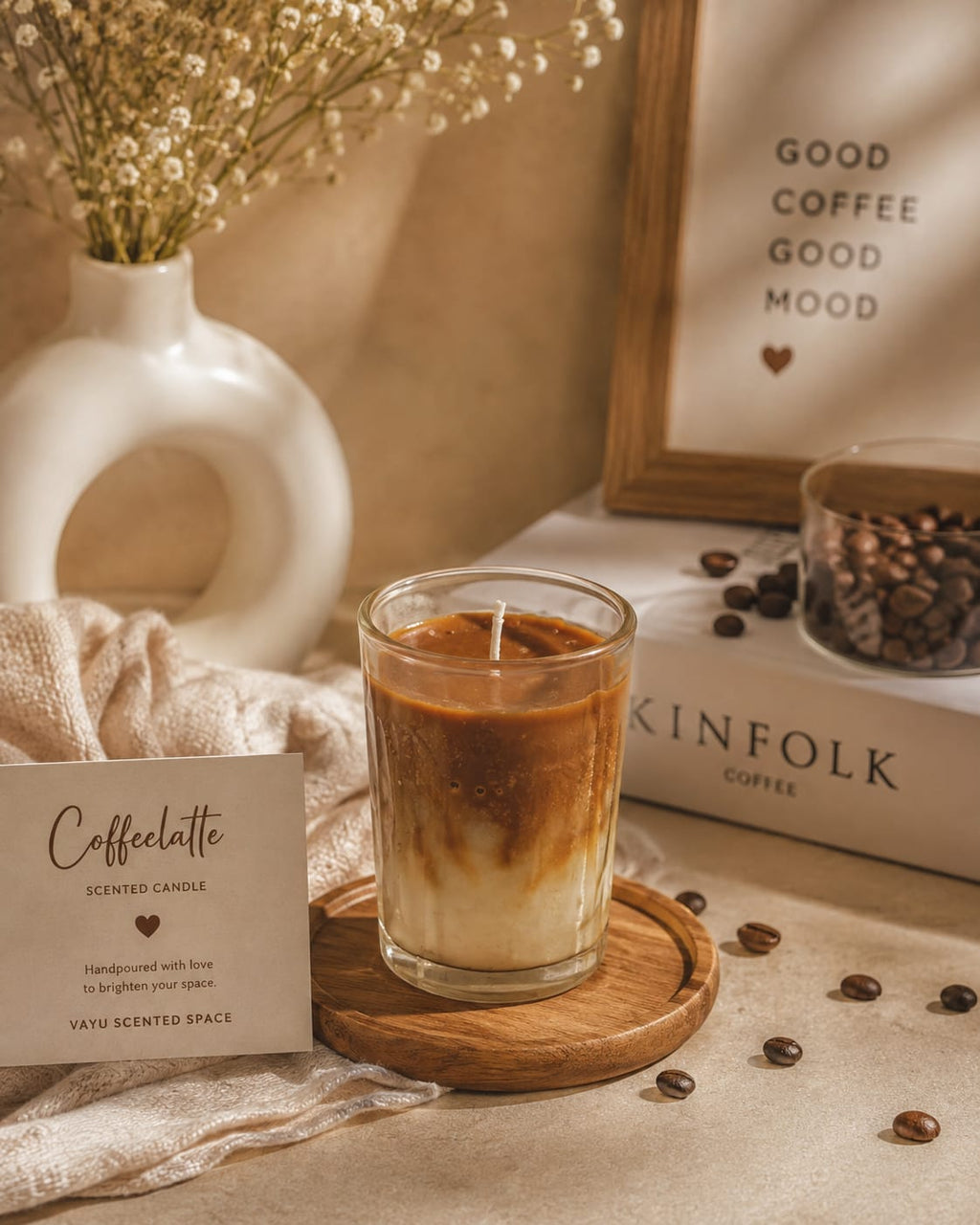 Cafe Latte candle, layered cream and coffee coloured wax in clear glass