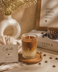 Cafe Latte candle, layered cream and coffee coloured wax in clear glass