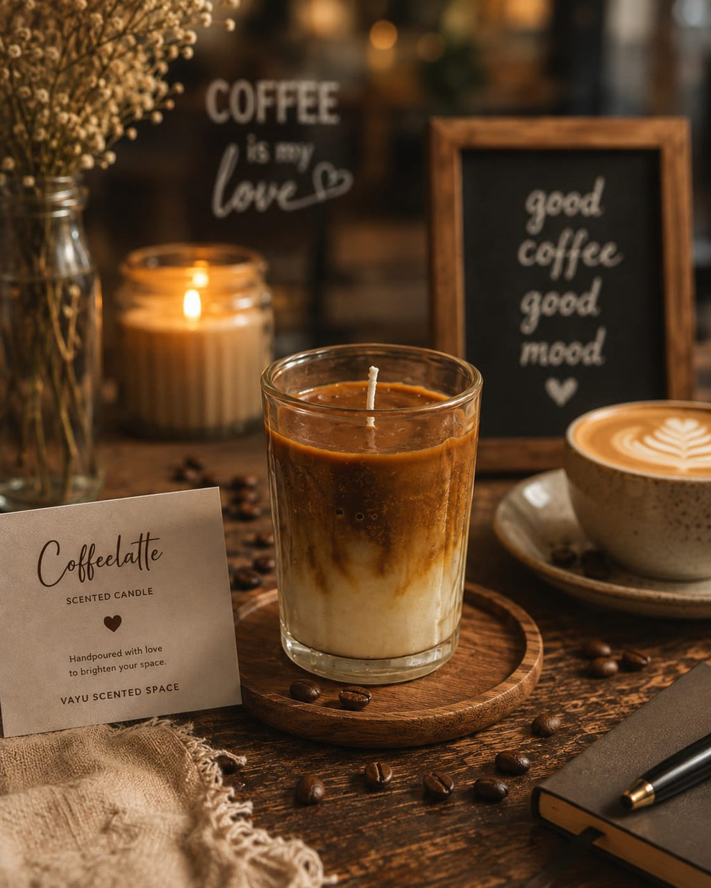 Cafe Latte candle, layered cream and coffee coloured wax in clear glass