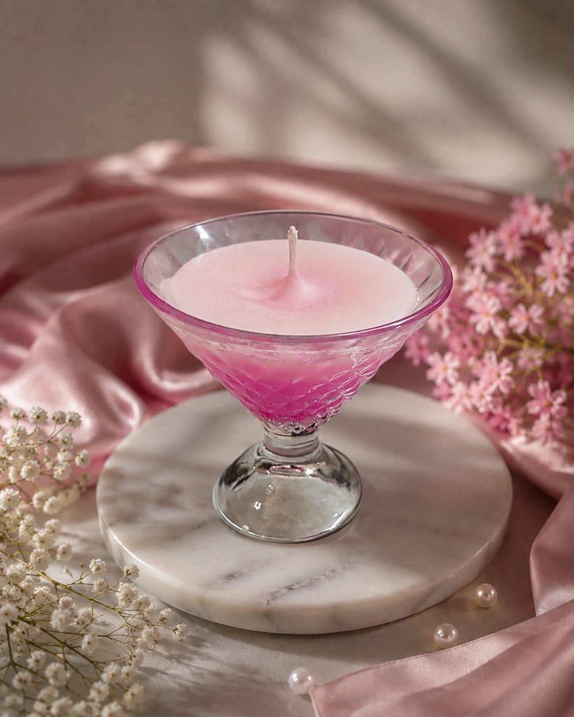 Cocktail candle, pale green wax in a coupe-shaped glass