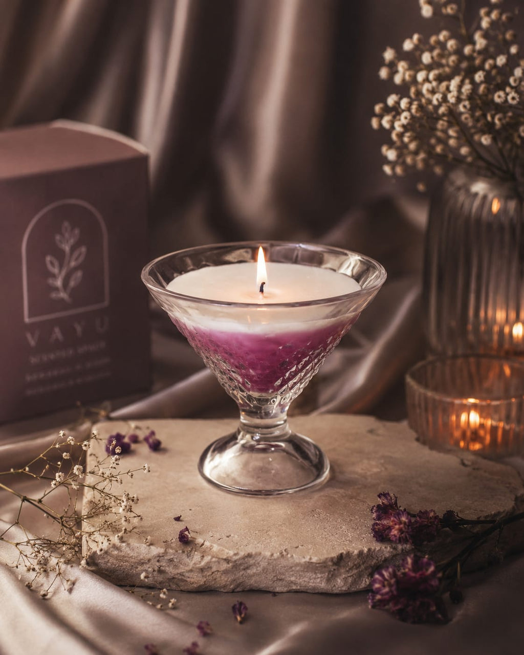 Cocktail candle, pale green wax in a coupe-shaped glass