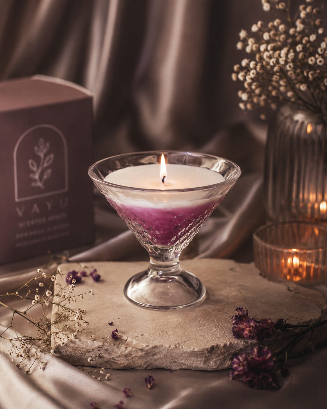 Cocktail candle, pale green wax in a coupe-shaped glass