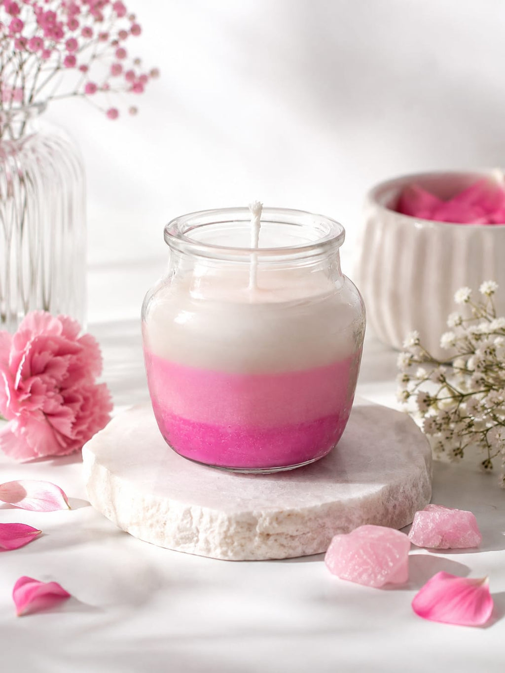 Jar of Happiness candle, multicoloured wax blooms in a glass jar