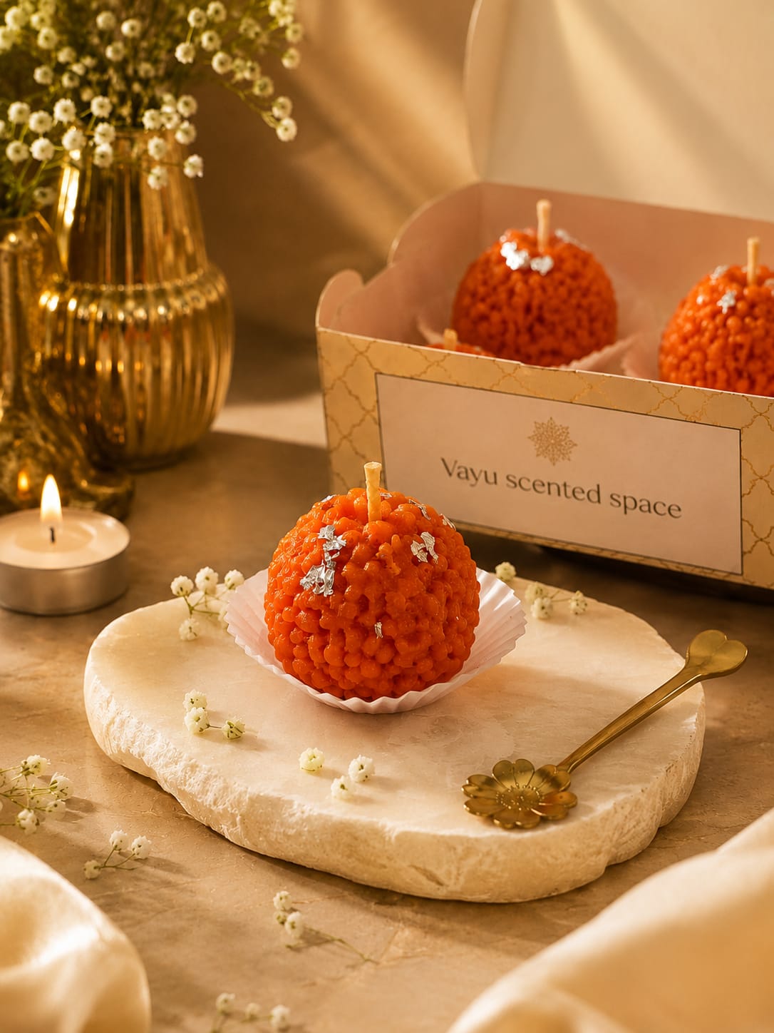 Ladoo candle, round golden wax sphere in clear glass