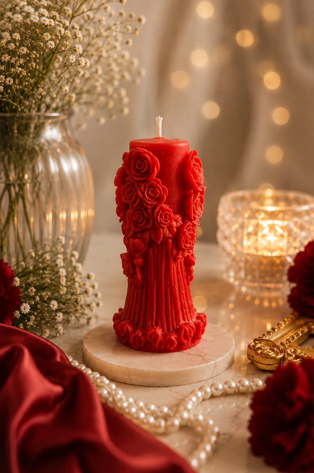 Red Romance candle, red wax roses set in clear glass