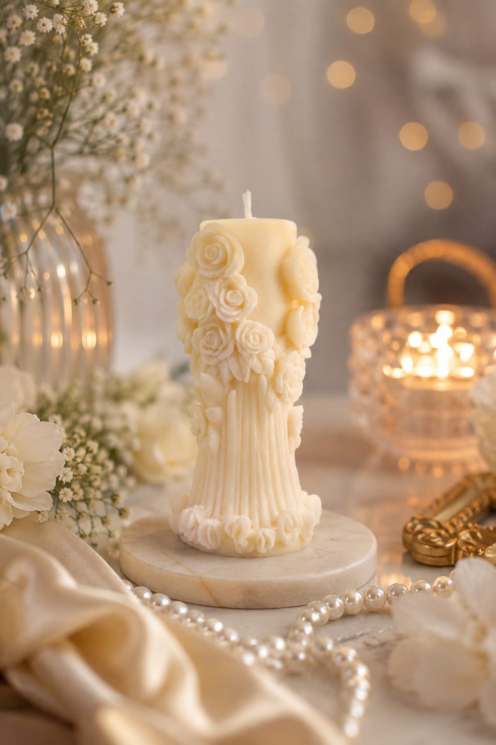 White Romance candle, white wax roses set in clear glass