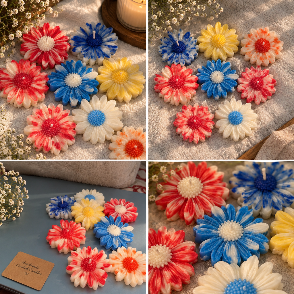 Four views of colourful daisy-shaped candles showing petal details and assorted designs