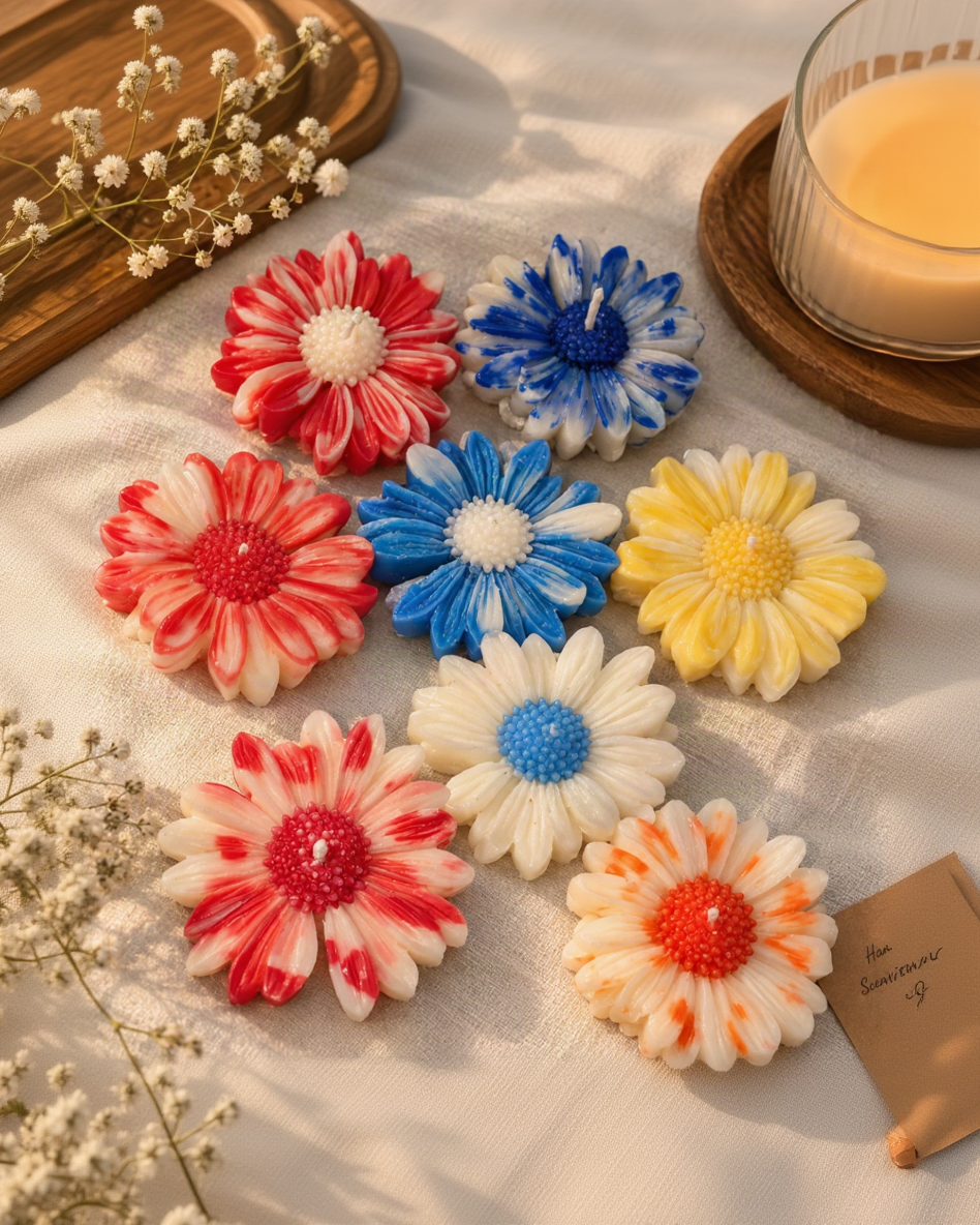 Daisy-shaped candles in red, blue, yellow, white and orange arranged on linen